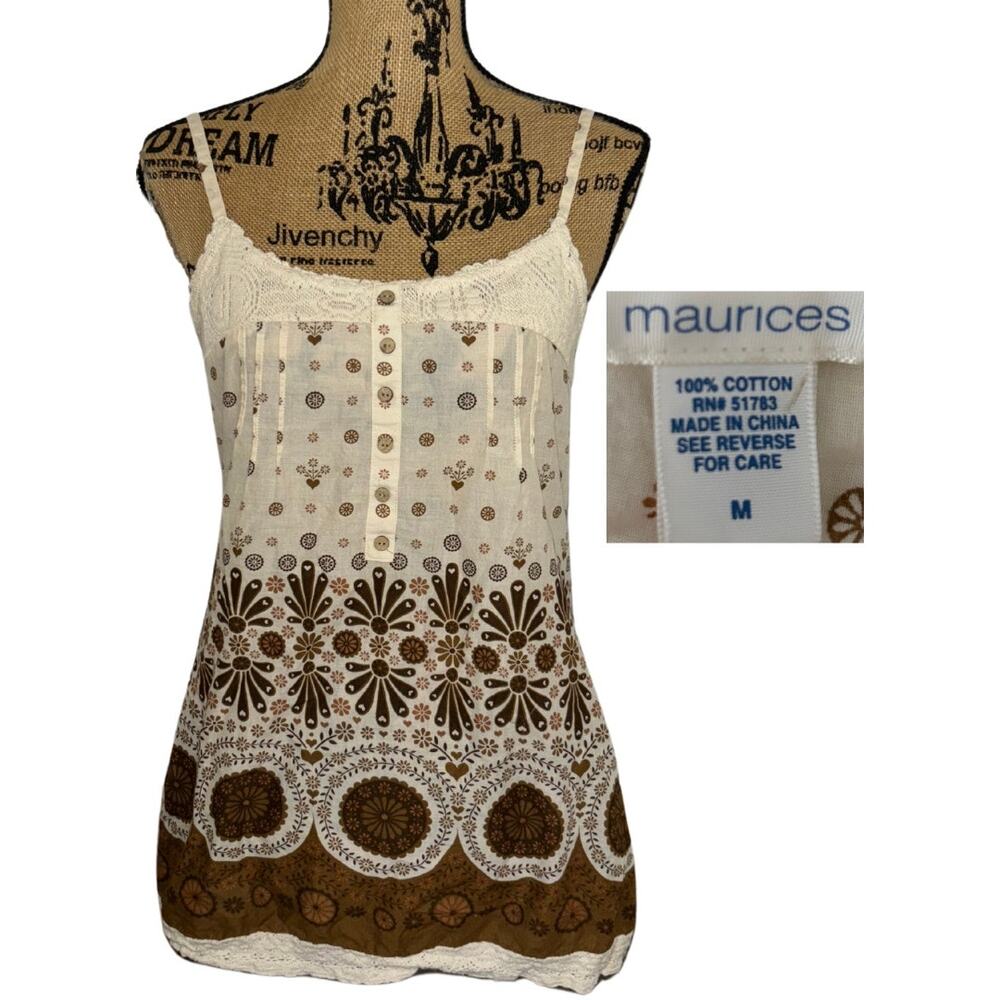 Maurices Boho Knit Tank Top Brown Tan Floral Size Medium Trendy Groovy Retro